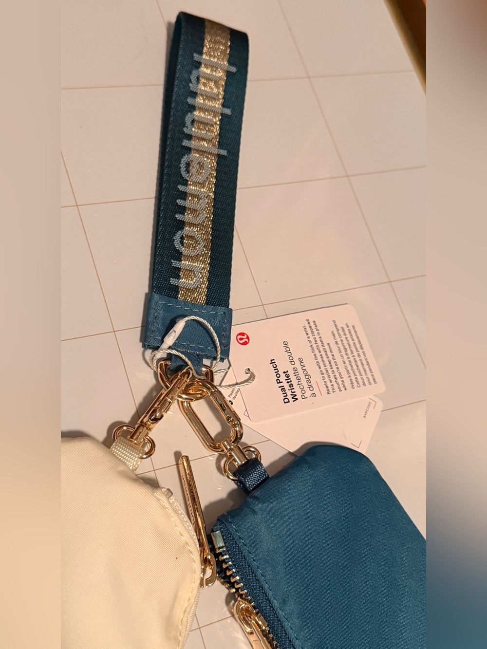 lululemon athletica Dual Pouch Key & Card Holder with Teal Blue and Cream Strap